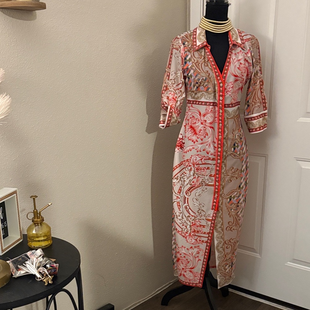 Elegant Red and Cream Midi Dress